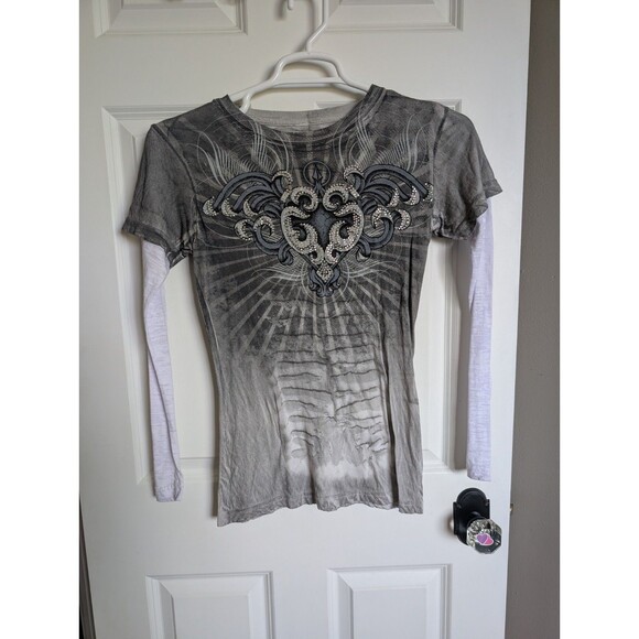 Sinful Tops - SINFUL AFFLICTION Y2K 00s Wing Bling Long Sleeve Shirt Layered Crest Biker